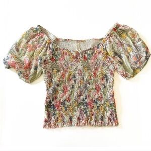 Anthropology Floral Smocked Puff Sleeve Top medium